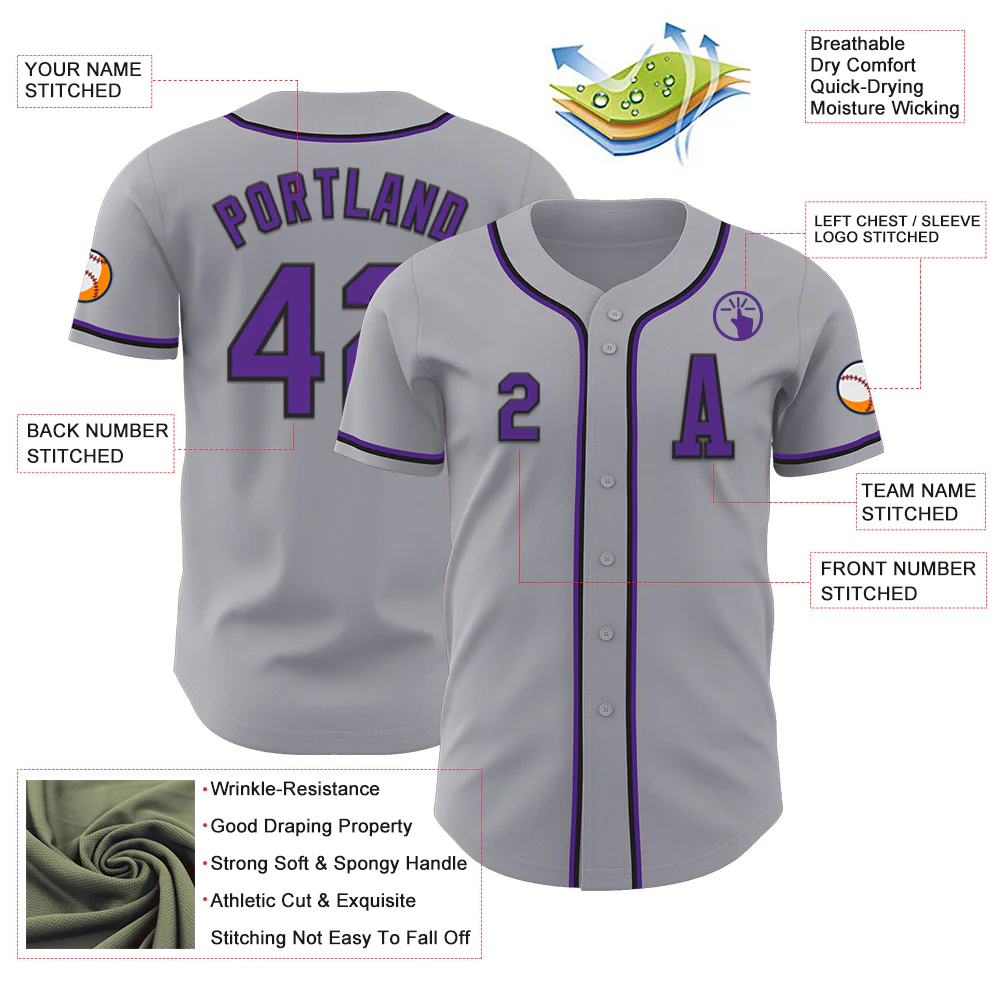Custom Gray Purple-Black Authentic Baseball Jersey