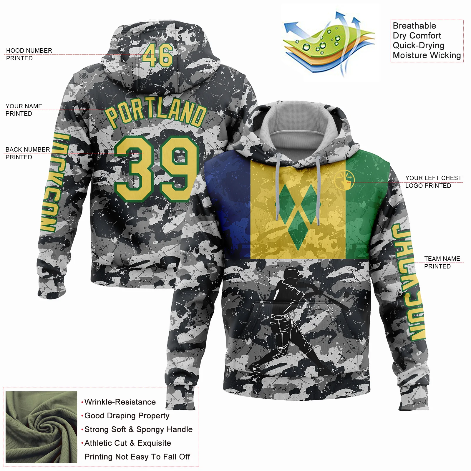 Custom Camo Yellow-Grass Green 3D Saint Vincent And The Grenadines Flag Sports Pullover Sweatshirt Salute To Service Hoodie