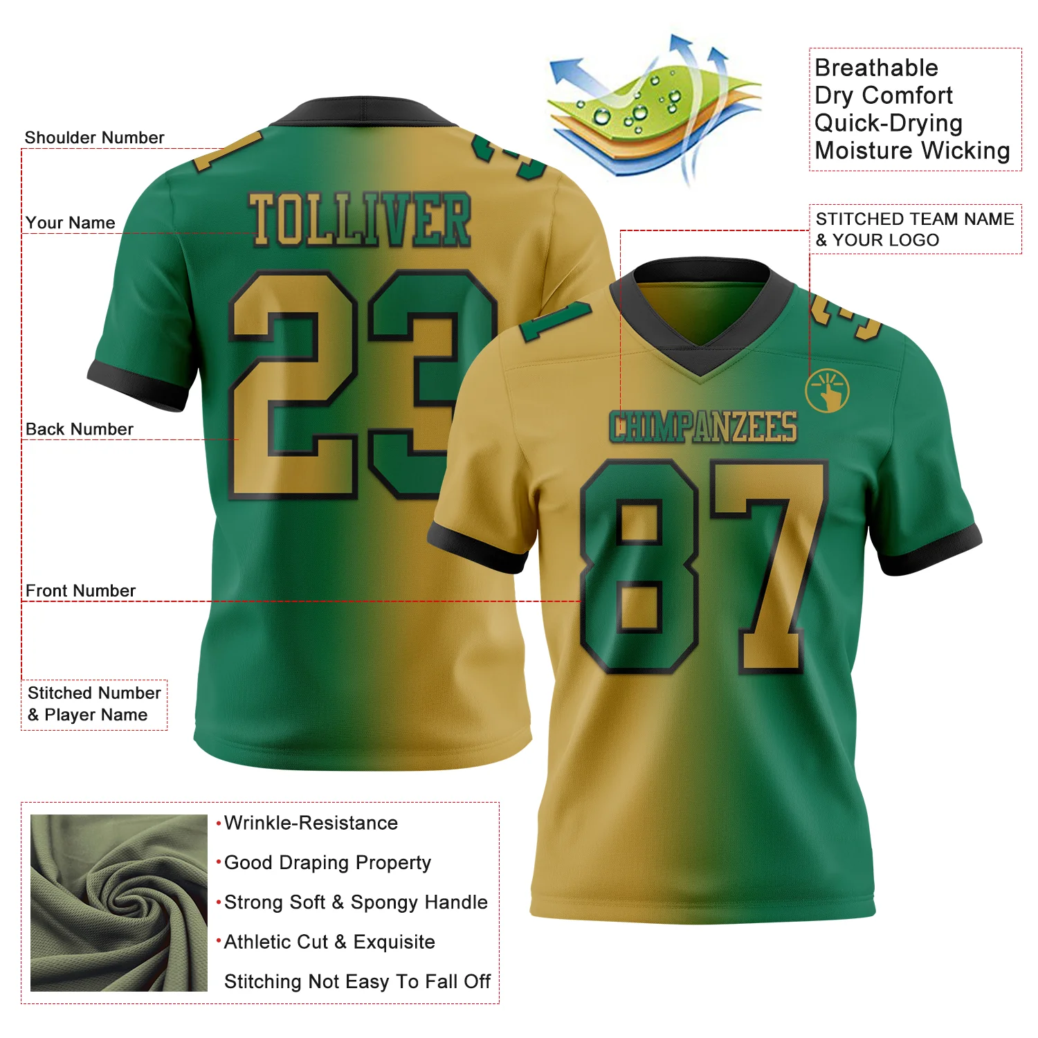 Custom Kelly Green Old Gold-Black Authentic Gradient Fashion Football Jersey