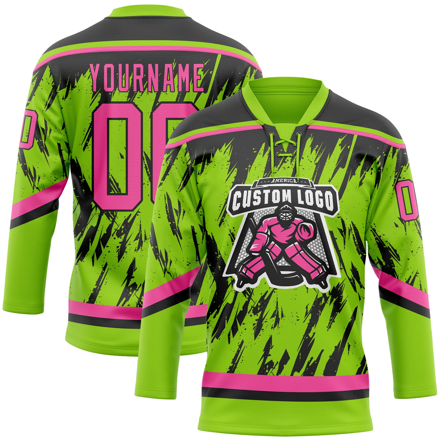 Custom Neon Green Pink-Black 3D Pattern Splash Art Hockey Lace Neck Jersey