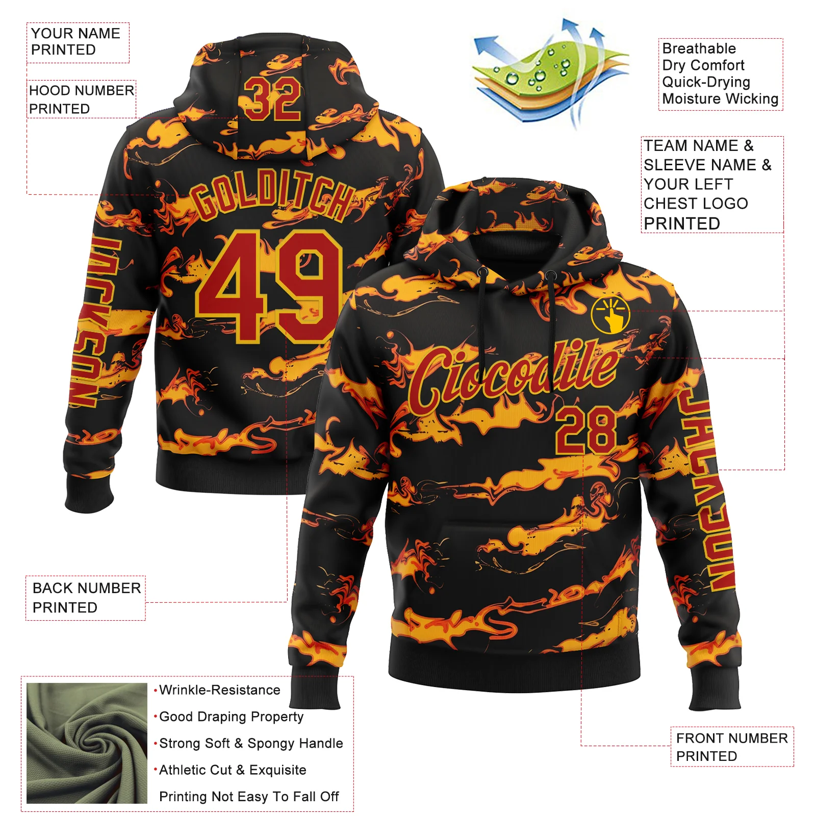 Custom Black Red-Yellow 3D Abstract Flame Sports Pullover Sweatshirt Hoodie
