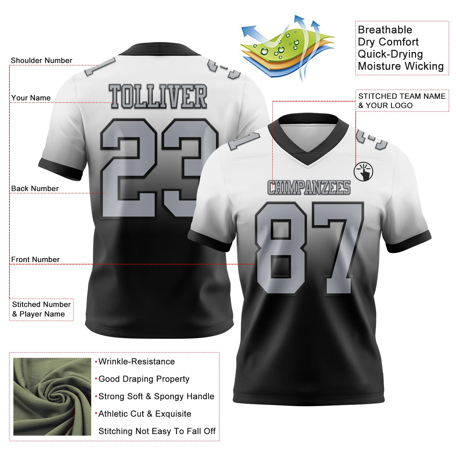 Custom White Gray-Black Authentic Fade Fashion Football Jersey