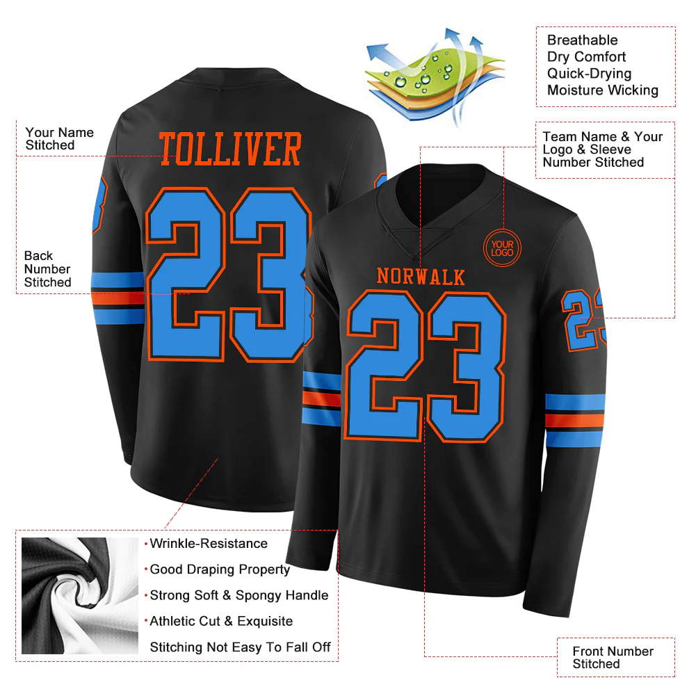 Custom Black Powder Blue-Orange Long Sleeve Authentic Football Jersey