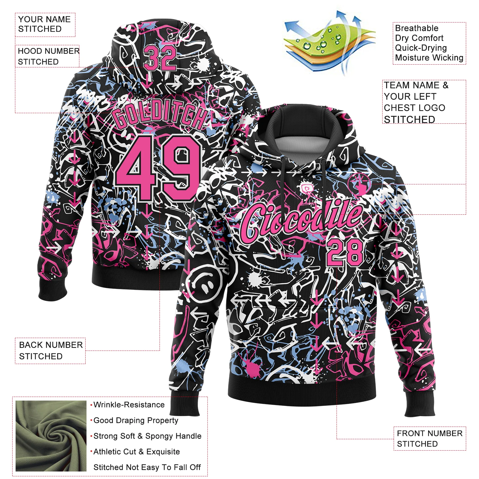 Custom Stitched Graffiti Pattern Pink Black-White 3D Abstract Grunge Art Sports Pullover Sweatshirt Hoodie