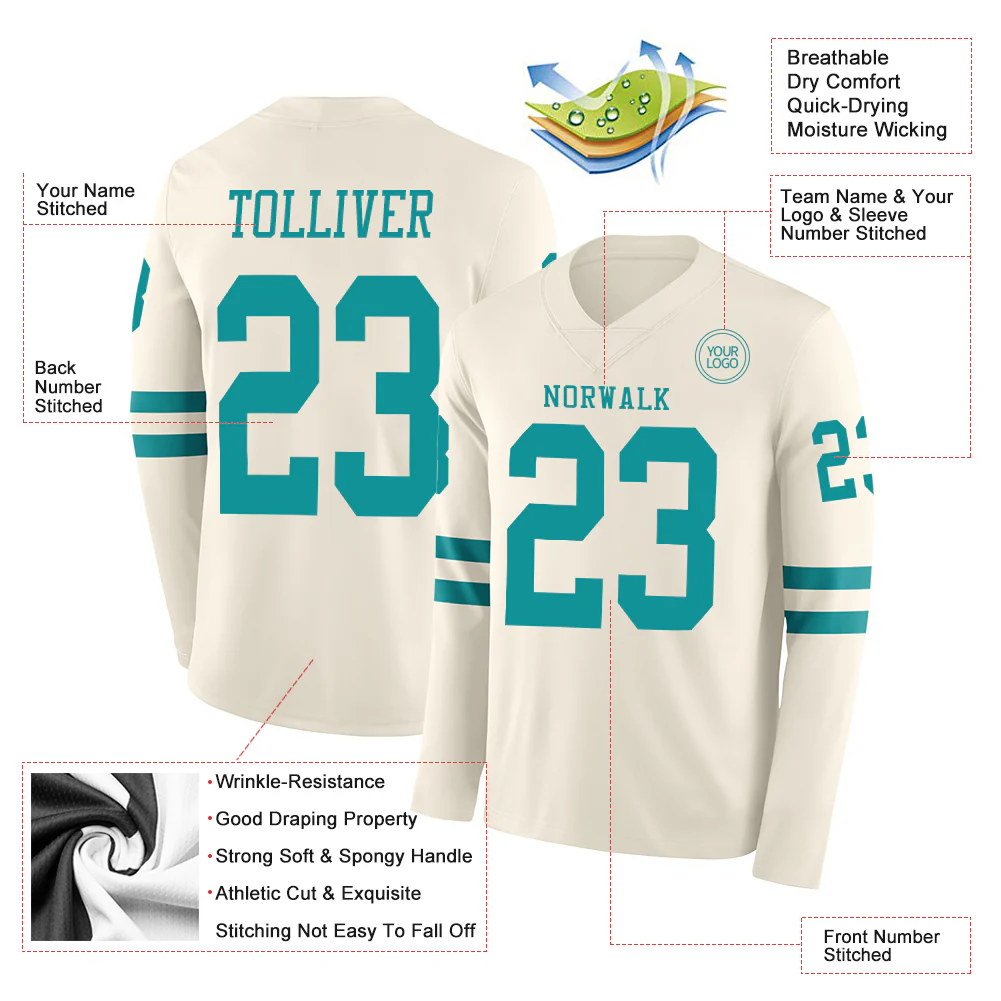 Custom Cream Teal Long Sleeve Authentic Football Jersey