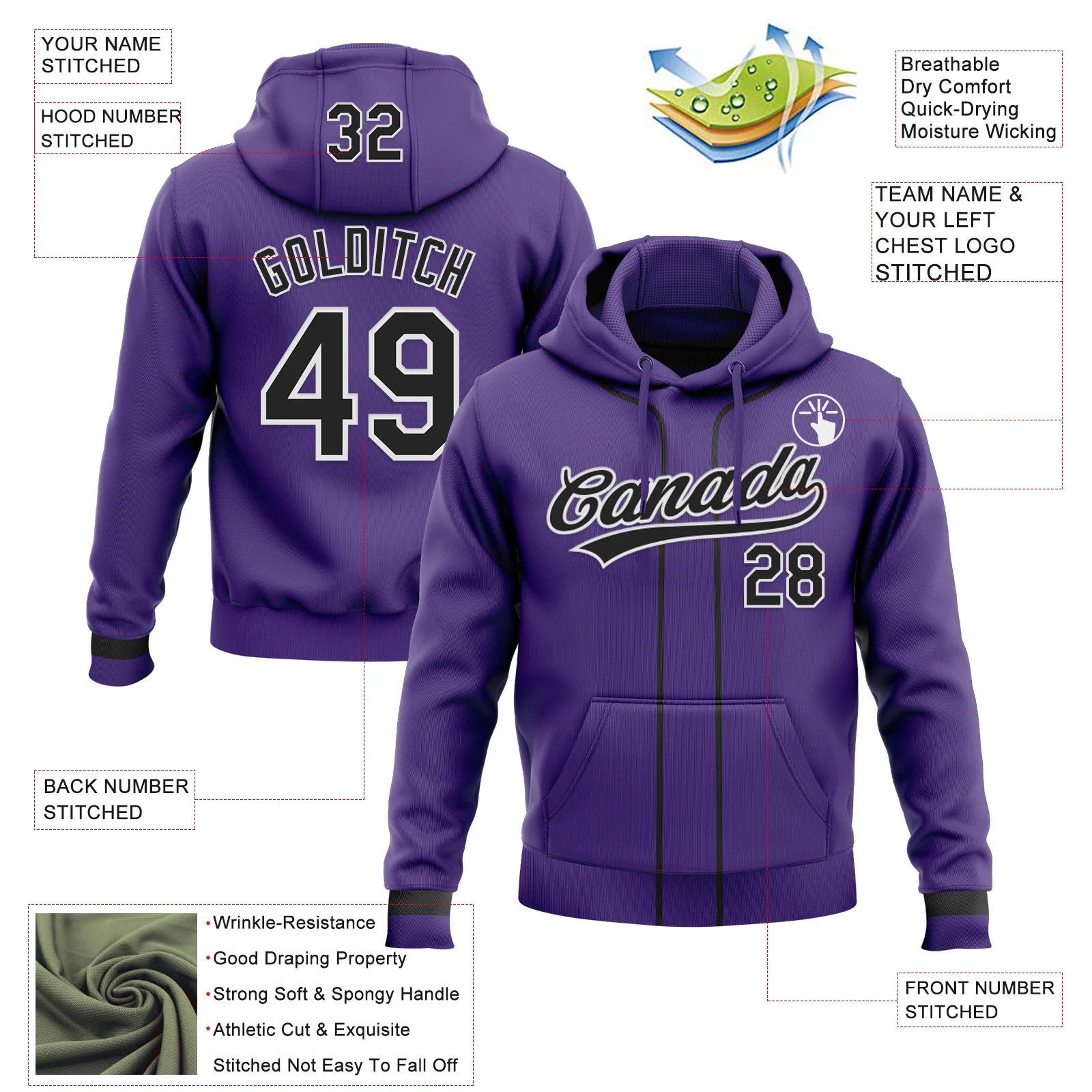 Custom Stitched Purple Black-White Baseball Pullover Sweatshirt Hoodie