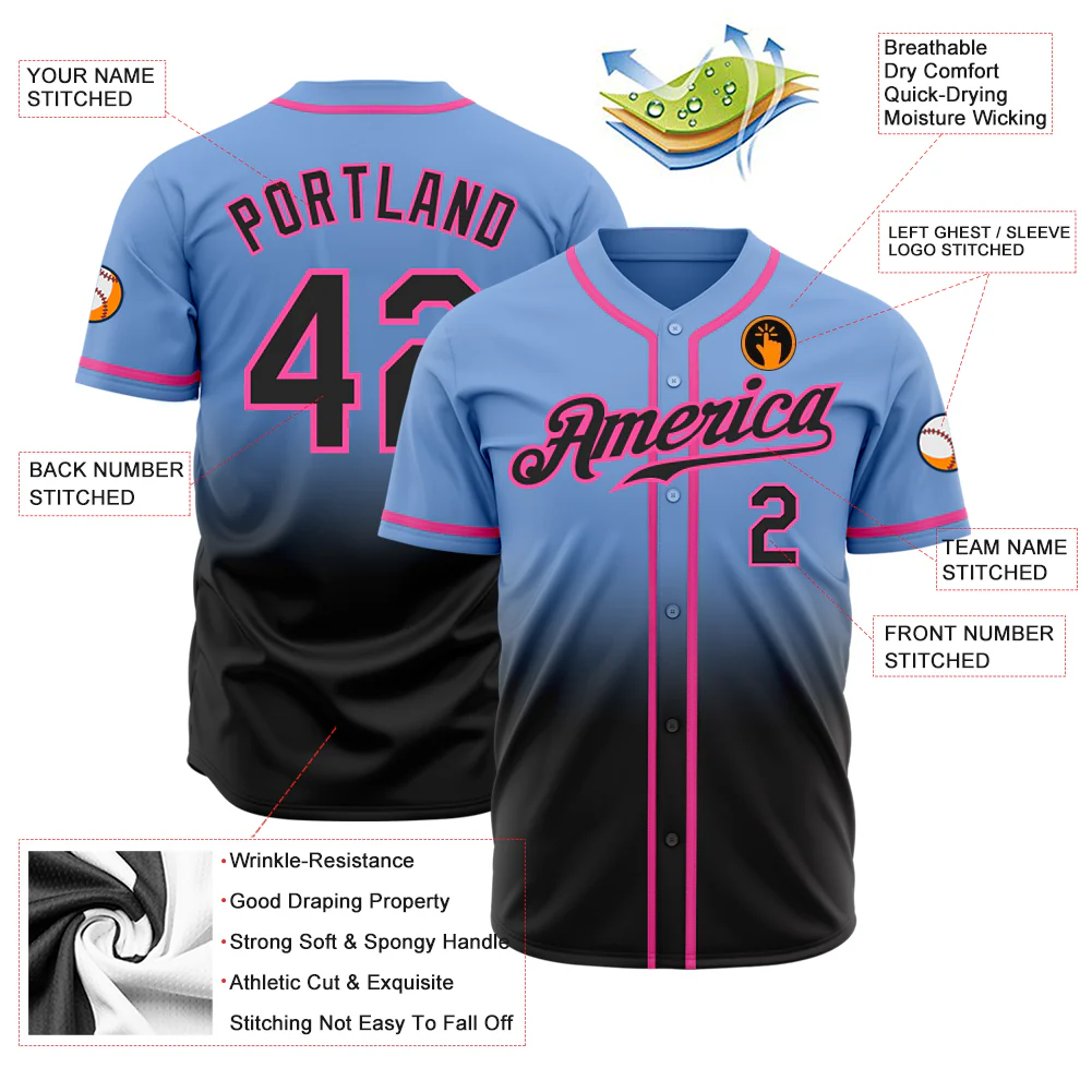 Custom Light Blue Black-Pink Authentic Fade Fashion Baseball Jersey