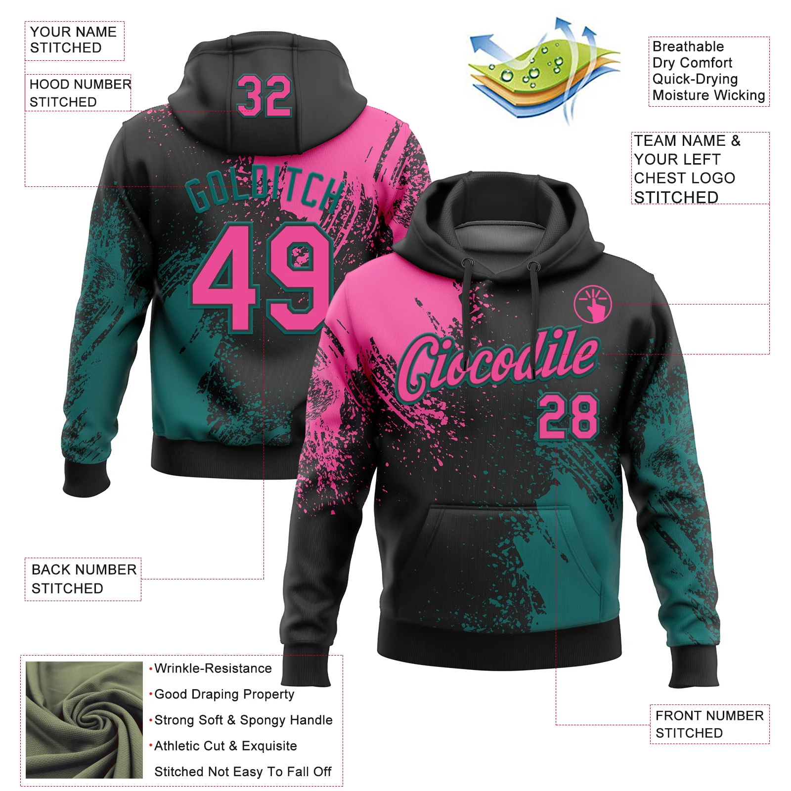 Custom Stitched Black Pink-Teal 3D Pattern Design Abstract Brush Stroke Sports Pullover Sweatshirt Hoodie