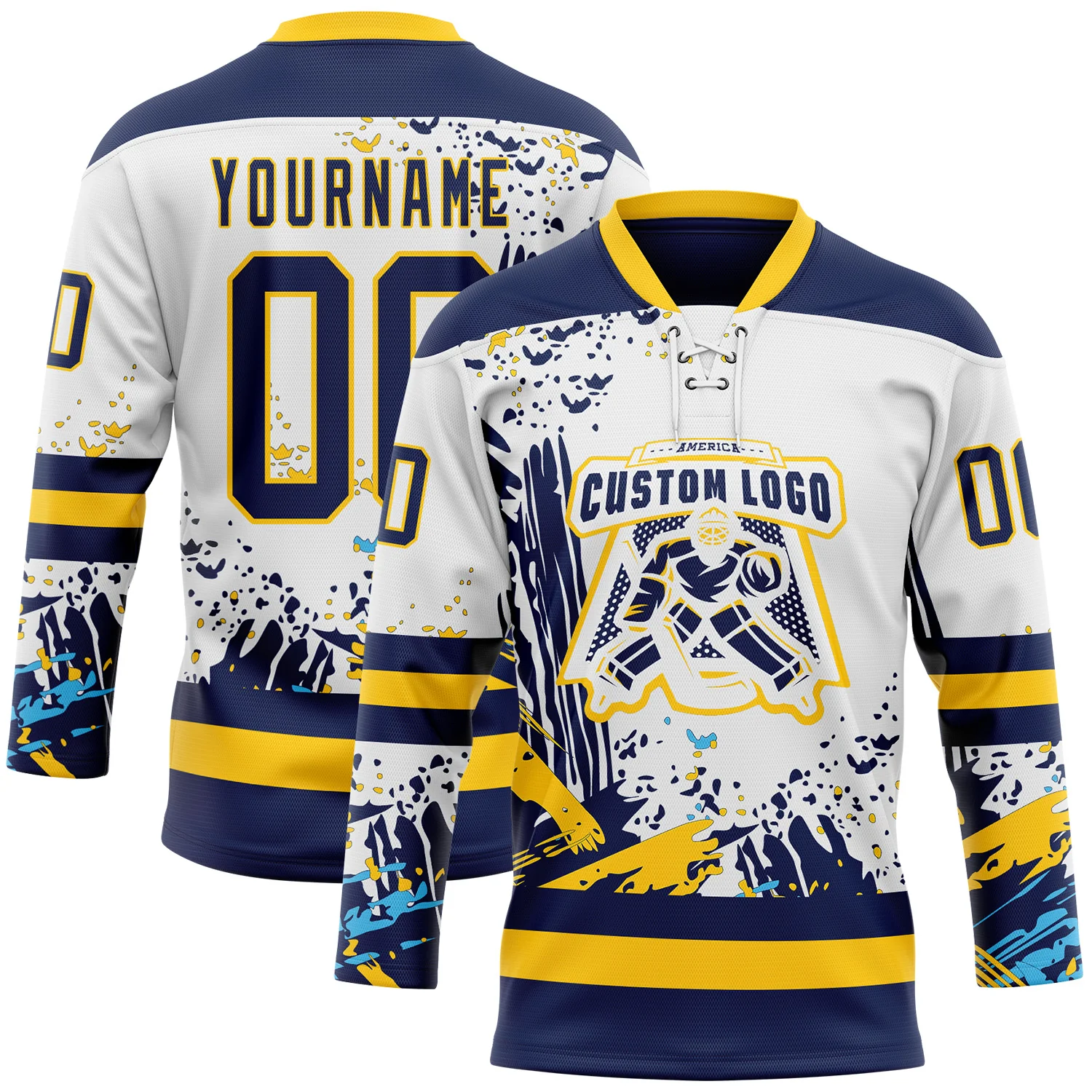 Custom White Navy-Yellow 3D Pattern Abstract Splatter Paint Hockey Lace Neck Jersey