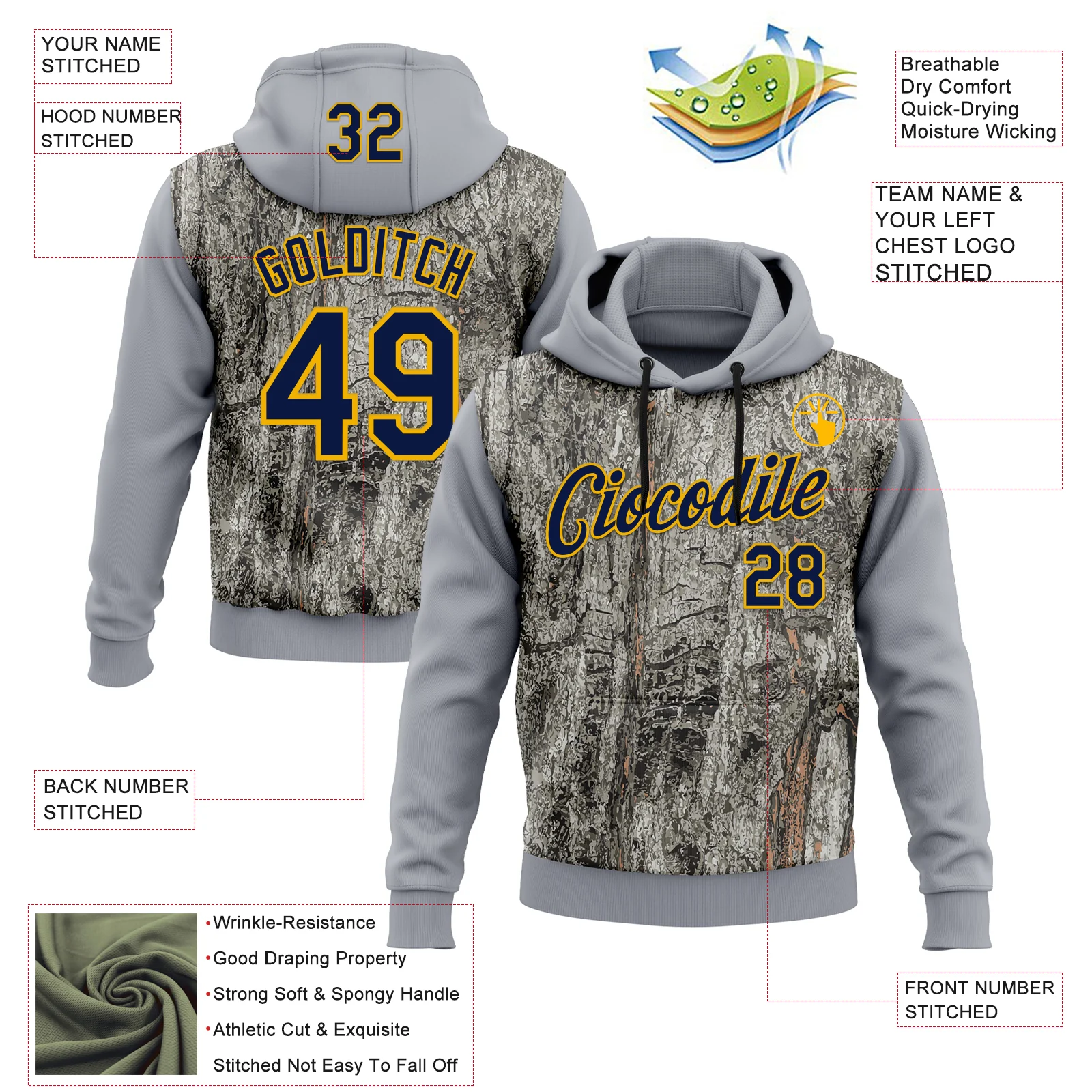 Custom Stitched Gray Navy-Gold 3D Pattern Design Tree Camo Hunting Sports Pullover Sweatshirt Hoodie