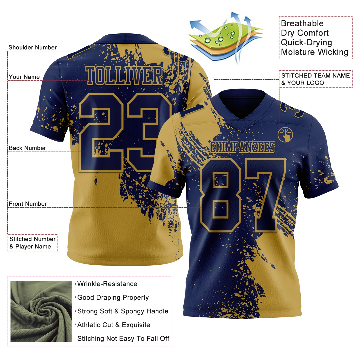 Custom Navy Old Gold 3D Pattern Abstract Brush Stroke Authentic Football Jersey