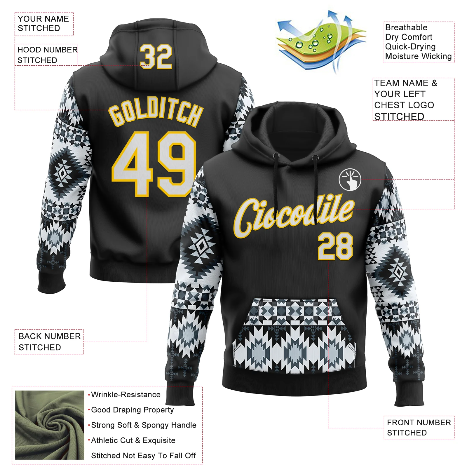 Custom Stitched Black White-Yellow 3D Pattern Design Tribal Ethnic Native American Sports Pullover Sweatshirt Hoodie
