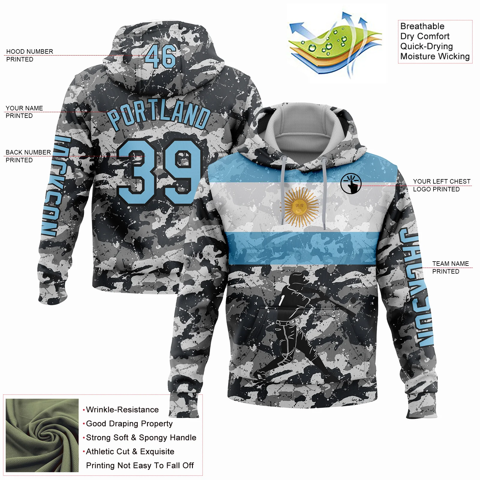 Custom Camo Light Blue-Black 3D Argentina Argentinian Flag Sports Pullover Sweatshirt Salute To Service Hoodie