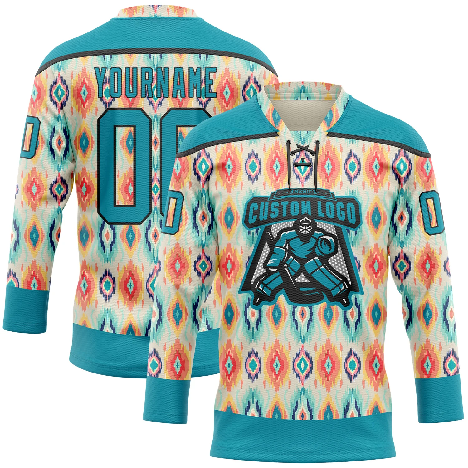 Custom Cream Teal Orange-Black 3D Pattern Native Americans Tribal Indigenous People Hockey Lace Neck Jersey