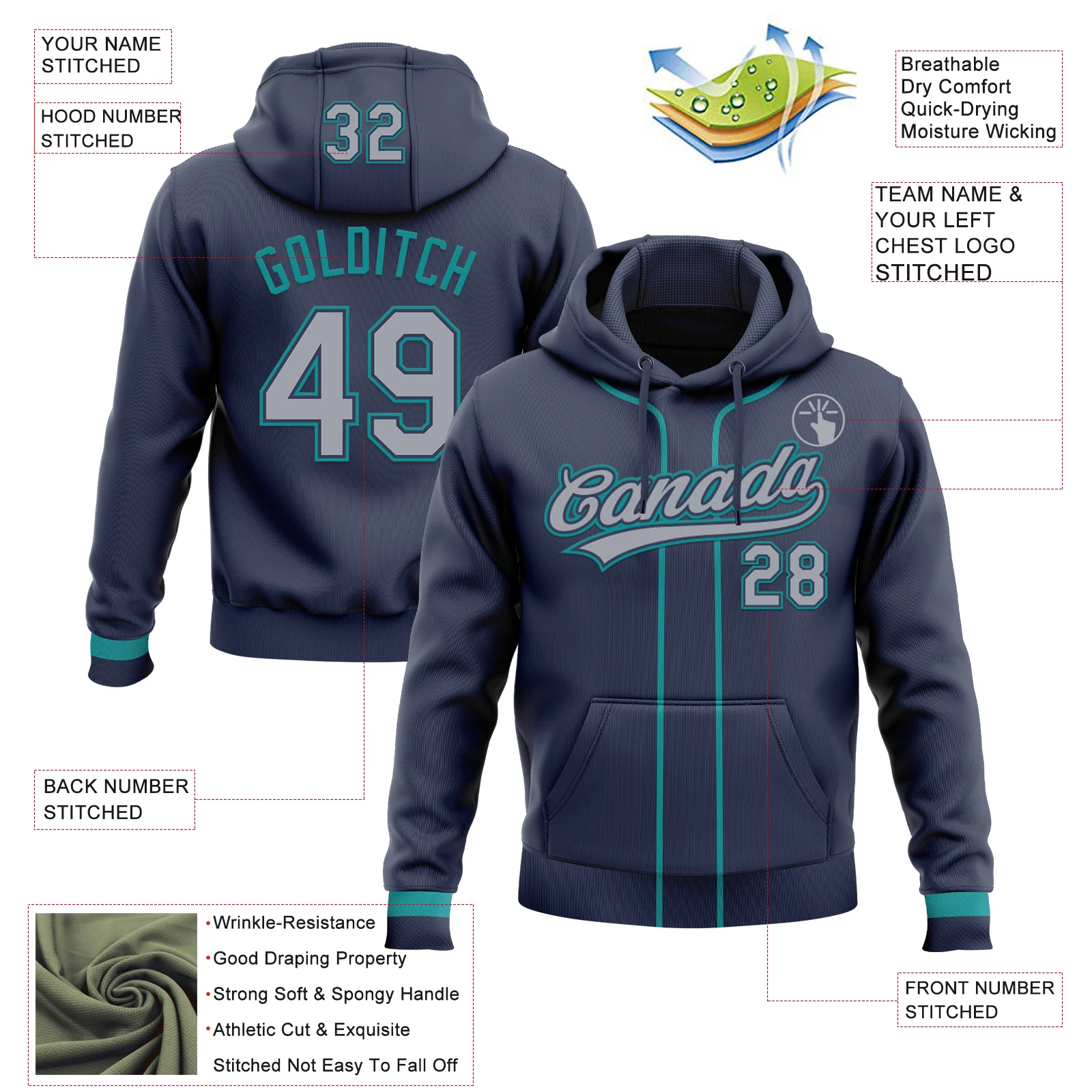 Custom Stitched Navy Gray-Teal Baseball Pullover Sweatshirt Hoodie