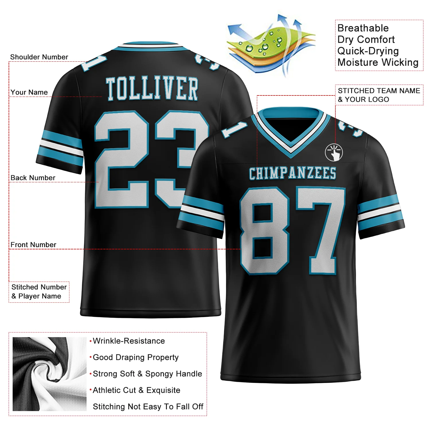 Custom Black White-Panther Blue Authentic Football Jersey