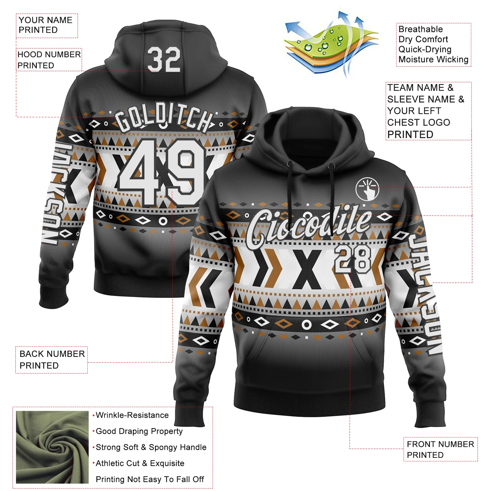 Custom Black White-Gray 3D Pattern Design Western Cowboy Tribal Ethnic Sports Pullover Sweatshirt Hoodie
