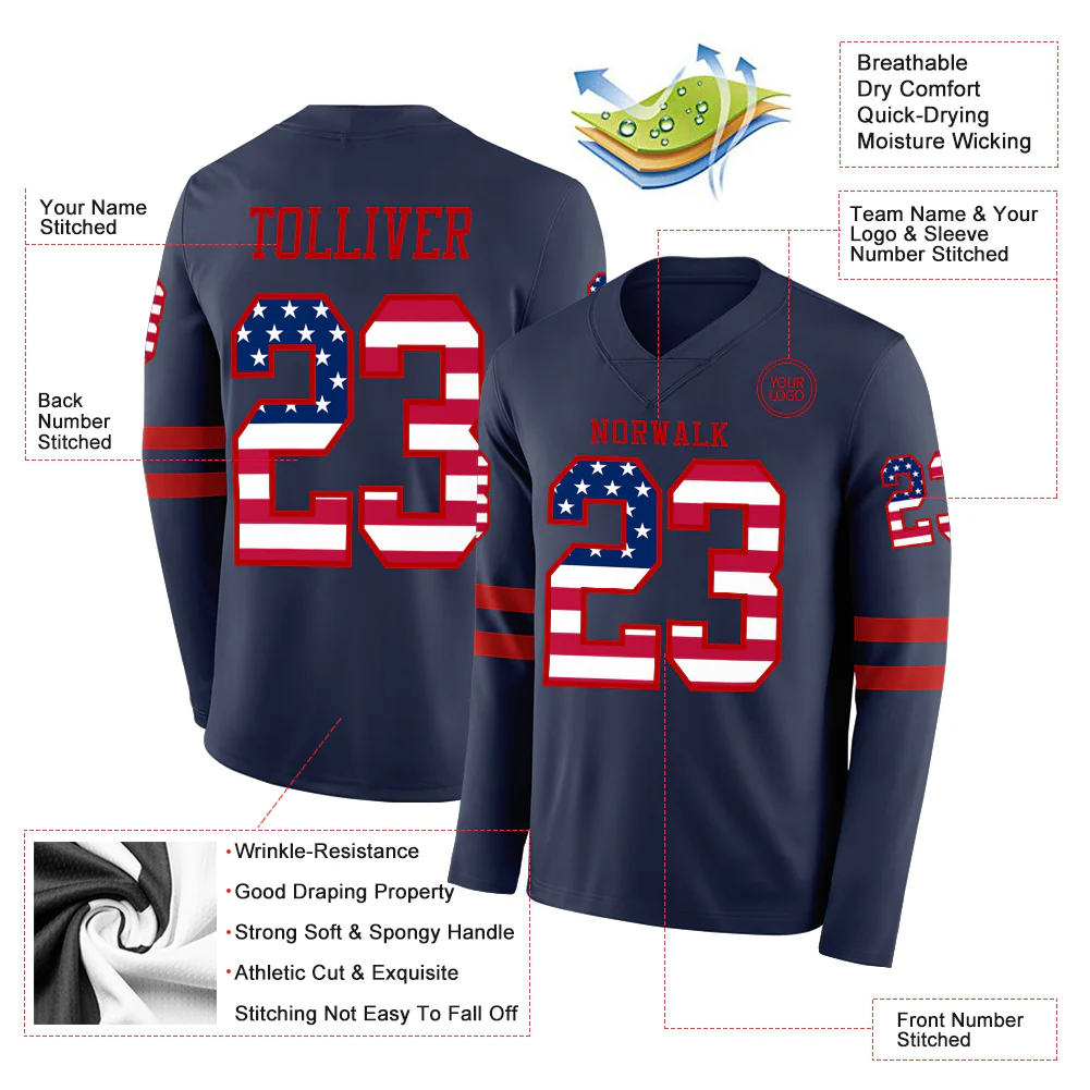 Custom Navy USA Flag-Red Long Sleeve Authentic Football Jersey