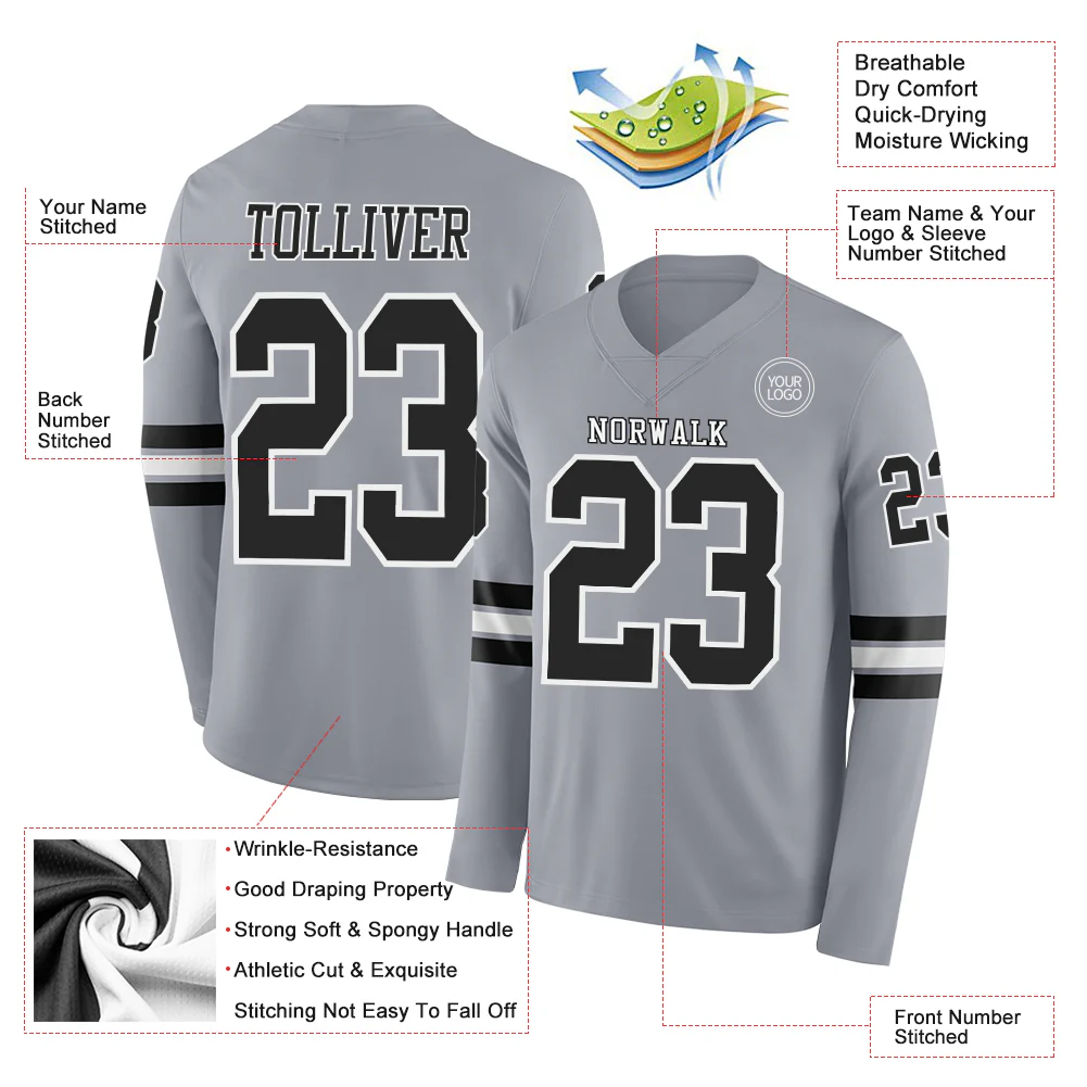 Custom Gray Black-White Long Sleeve Authentic Football Jersey