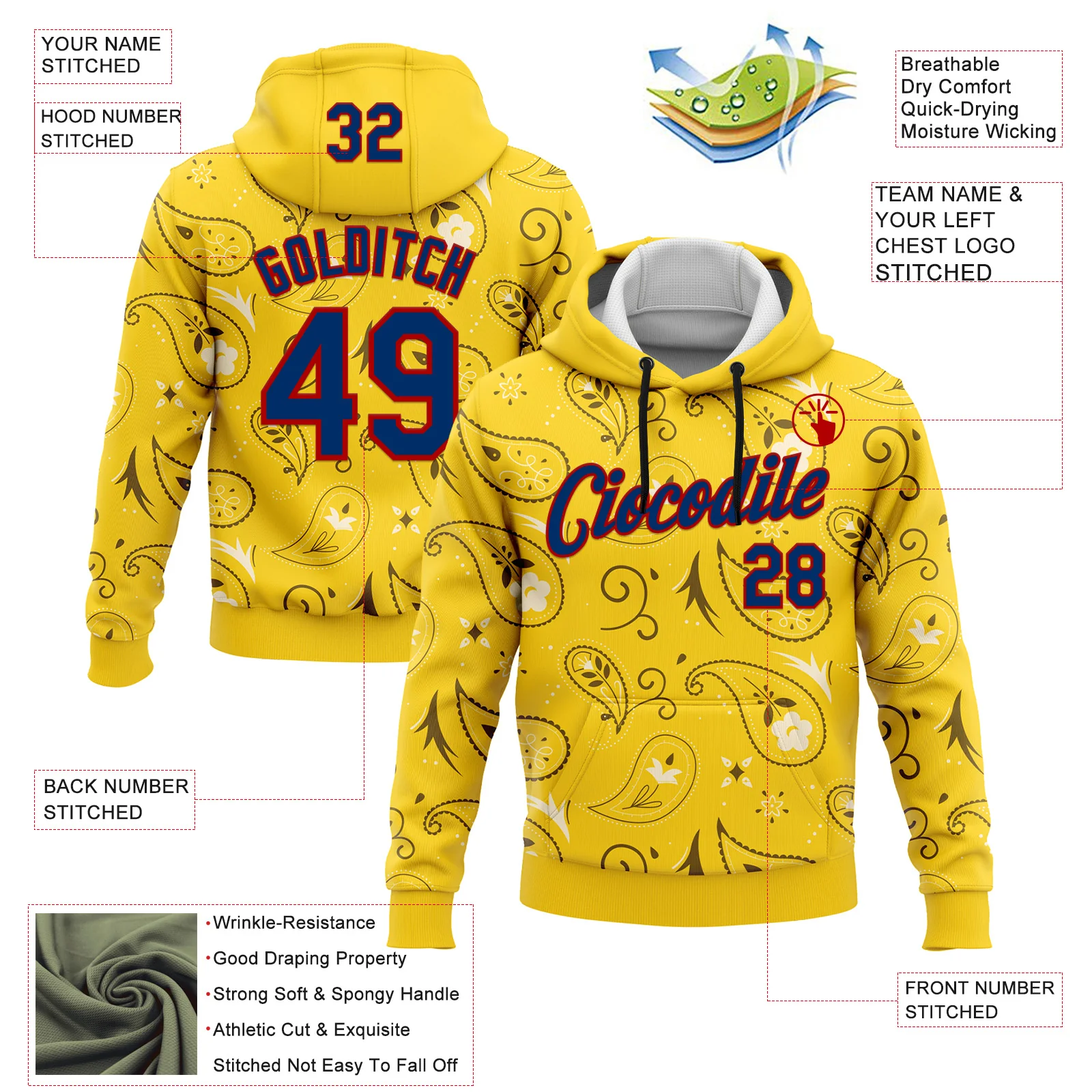 Custom Stitched Yellow US Navy Blue-Red 3D Pattern Design Ethnic Paisley Floral Bandana Sports Pullover Sweatshirt Hoodie