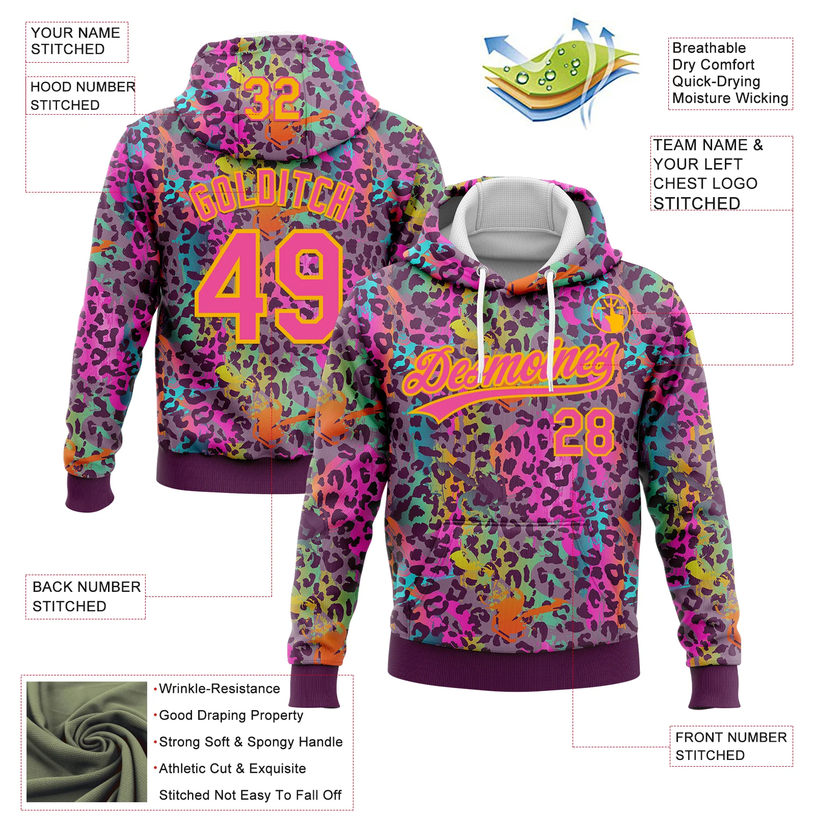 Custom Stitched Graffiti Pattern Pink-Gold 3D Colorful Leopard Print Sports Pullover Sweatshirt Hoodie