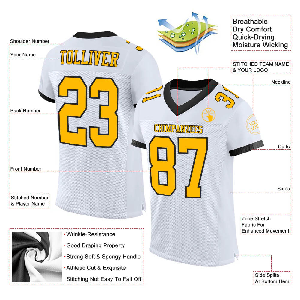 Custom White Gold-Black Mesh Authentic Football Jersey