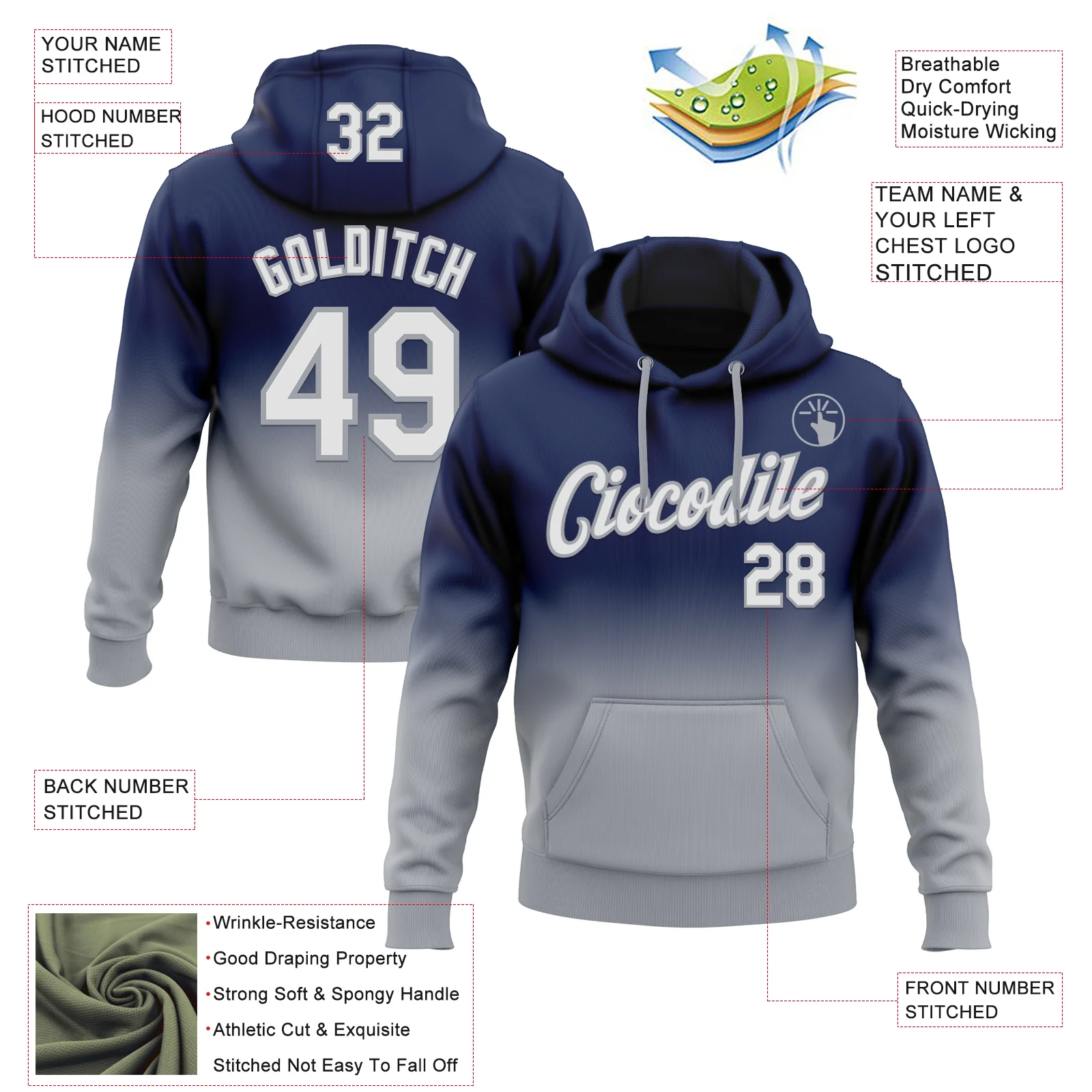 Custom Stitched Navy White-Gray Fade Fashion Sports Pullover Sweatshirt Hoodie