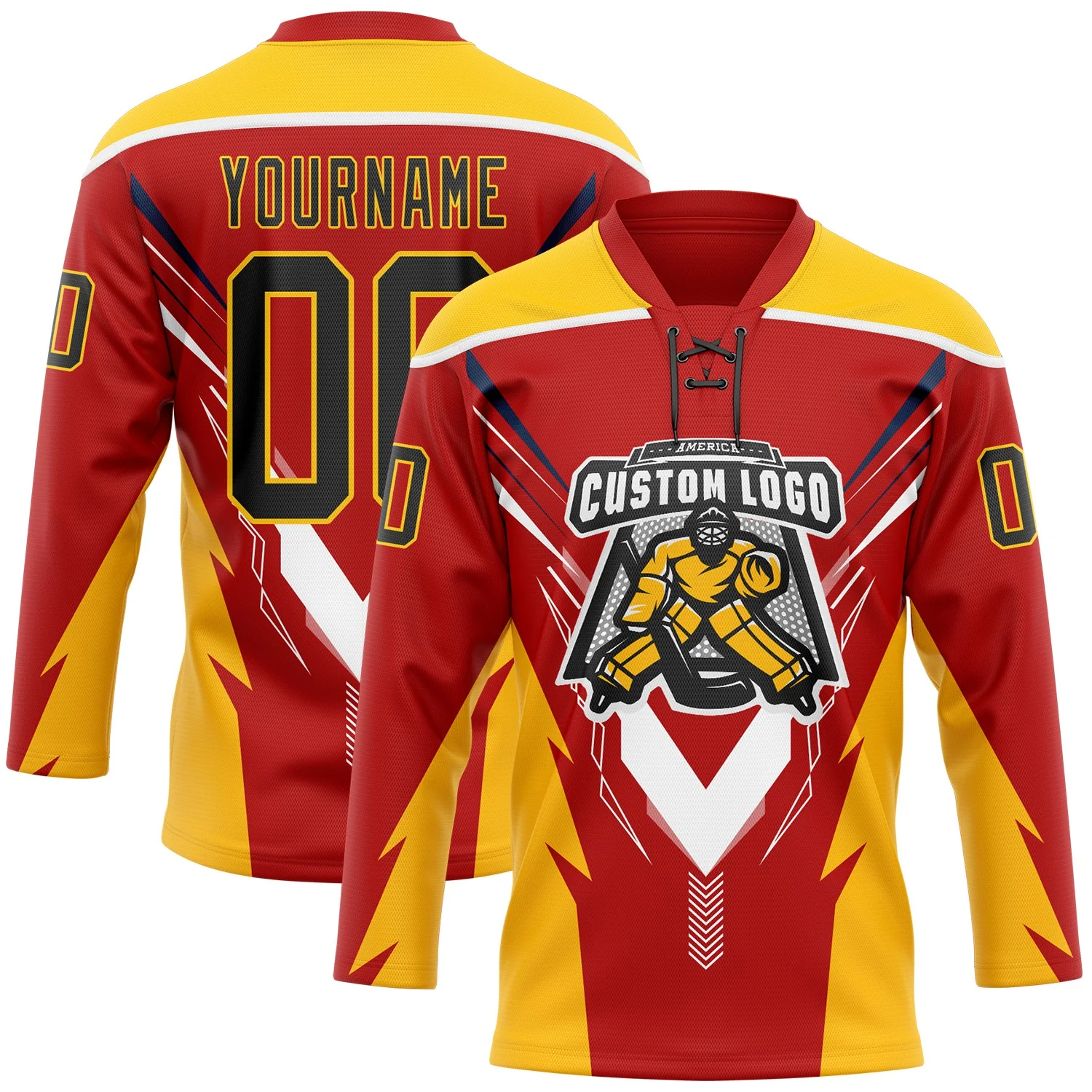 Custom Red Black Yellow-White 3D Abstract Pattern Graphic Cyber Mecha E-sport Hockey Lace Neck Jersey