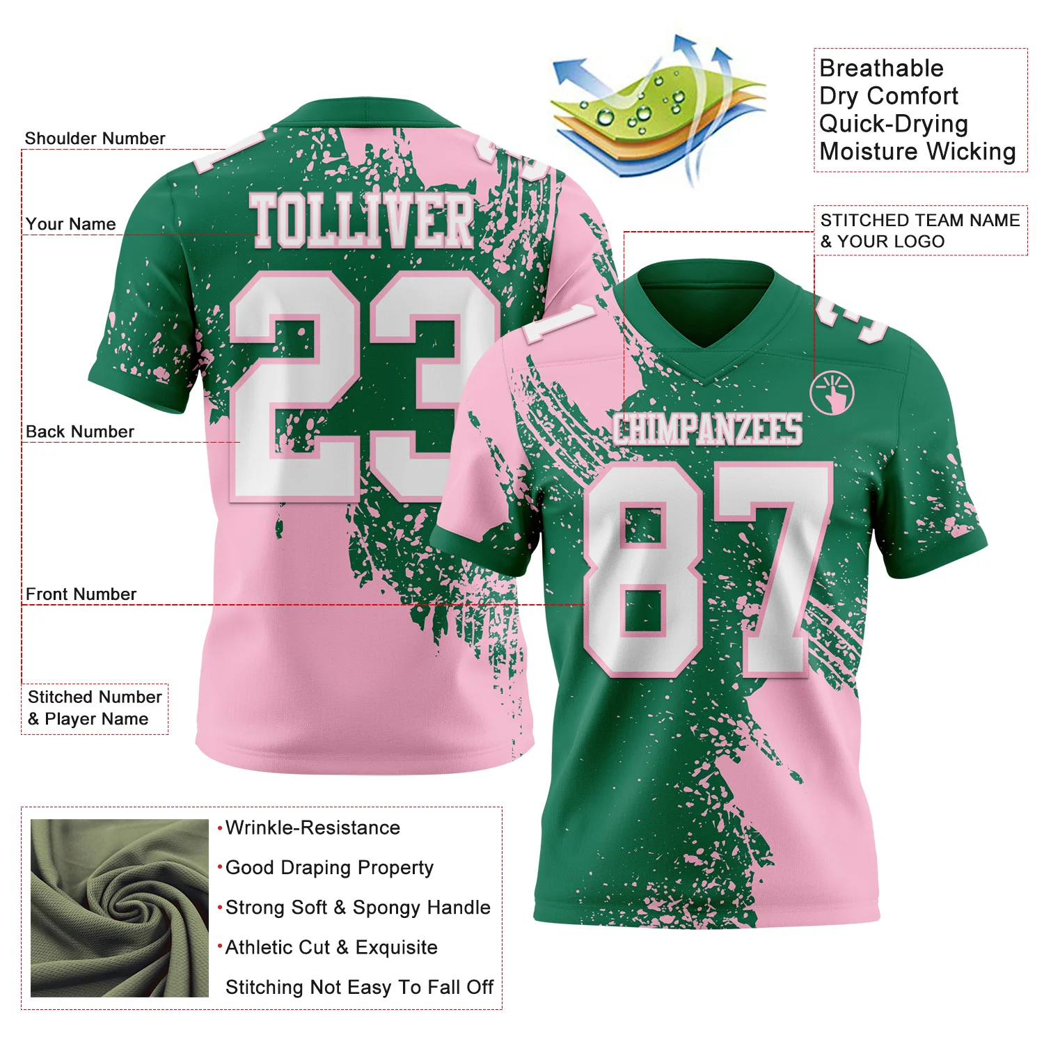 Custom Kelly Green White-Light Pink 3D Pattern Abstract Brush Stroke Authentic Football Jersey