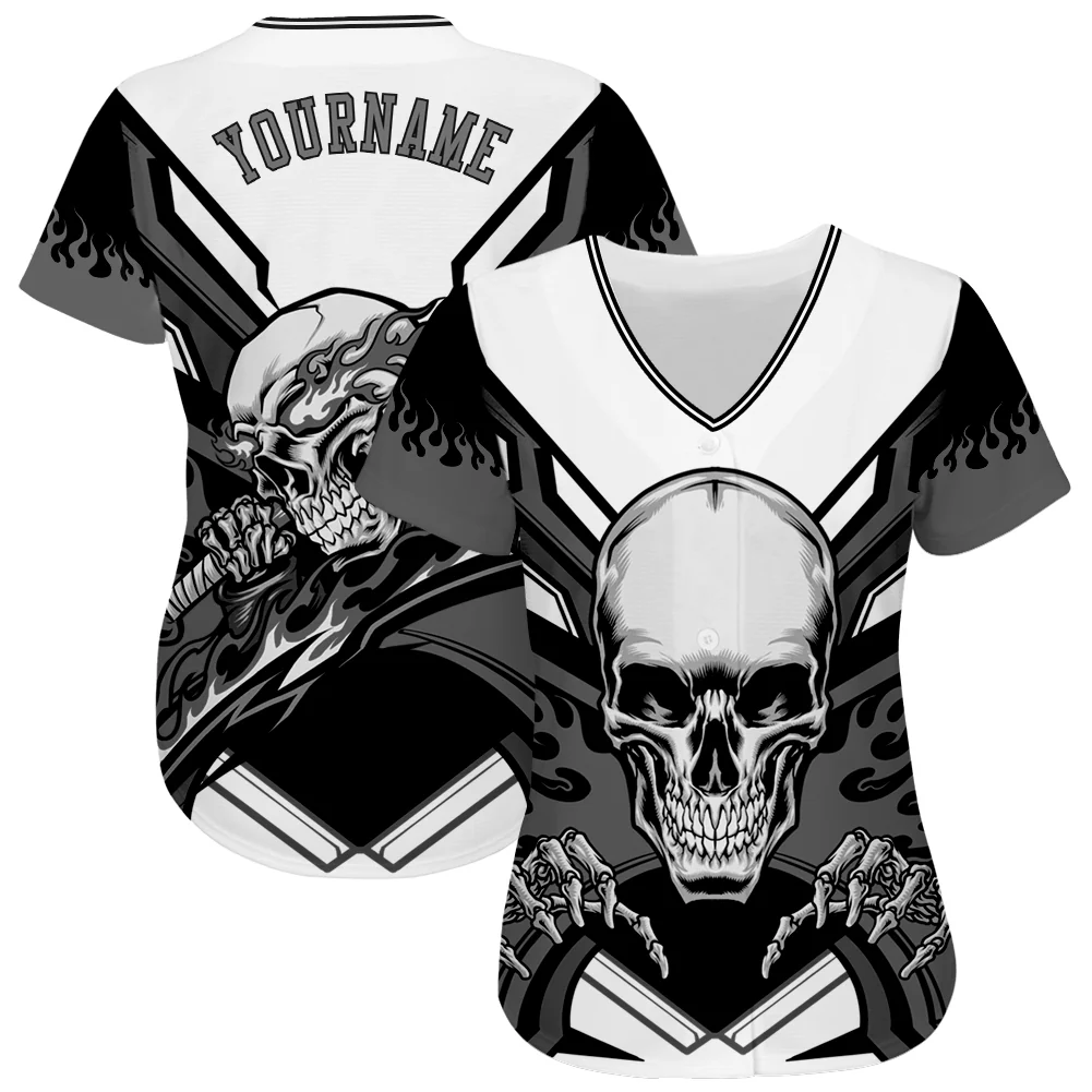 Custom White Gray-Black 3D Skull Authentic Baseball Jersey