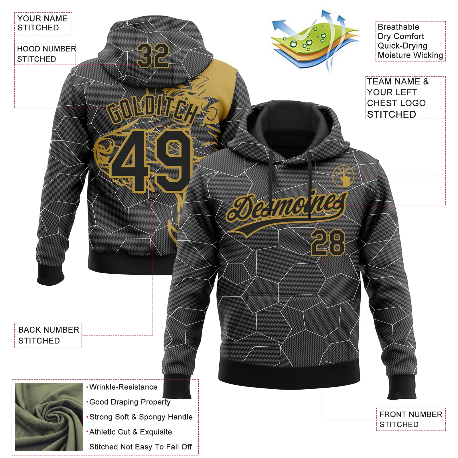 Custom Stitched Gray Black-Old Gold 3D Pattern Design Wolf Sports Pullover Sweatshirt Hoodie