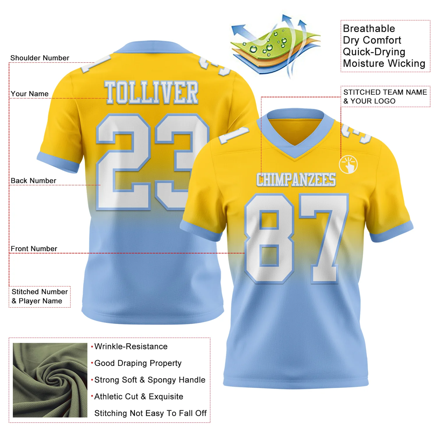 Custom Yellow White-Light Blue Authentic Fade Fashion Football Jersey