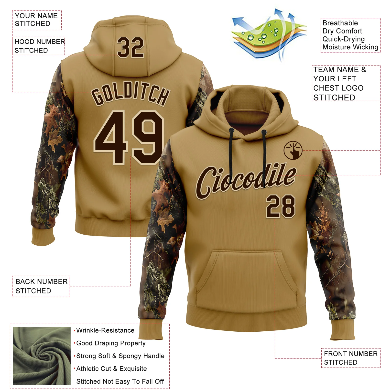 Custom Stitched Old Gold Brown-Cream 3D Pattern Design Tree Camo Hunting Sports Pullover Sweatshirt Hoodie