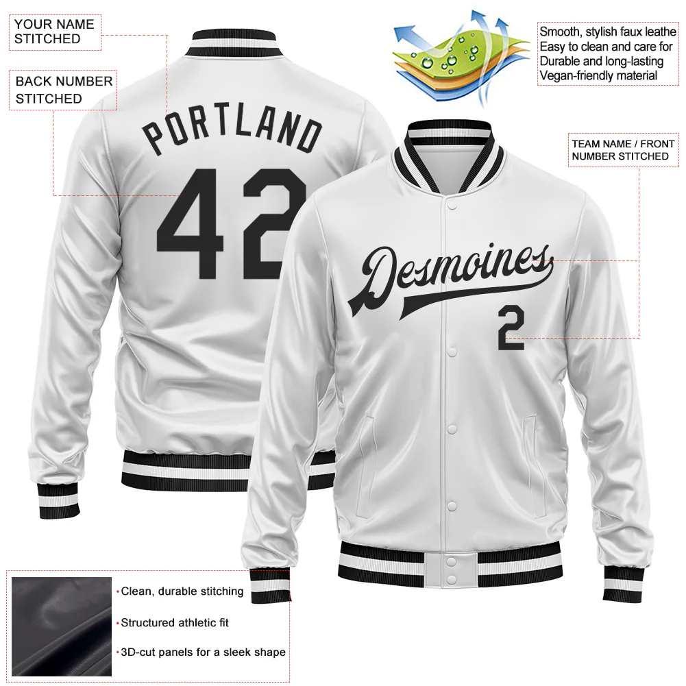Custom White Black Bomber Full-Snap Varsity Faux Leather Letterman Jacket
