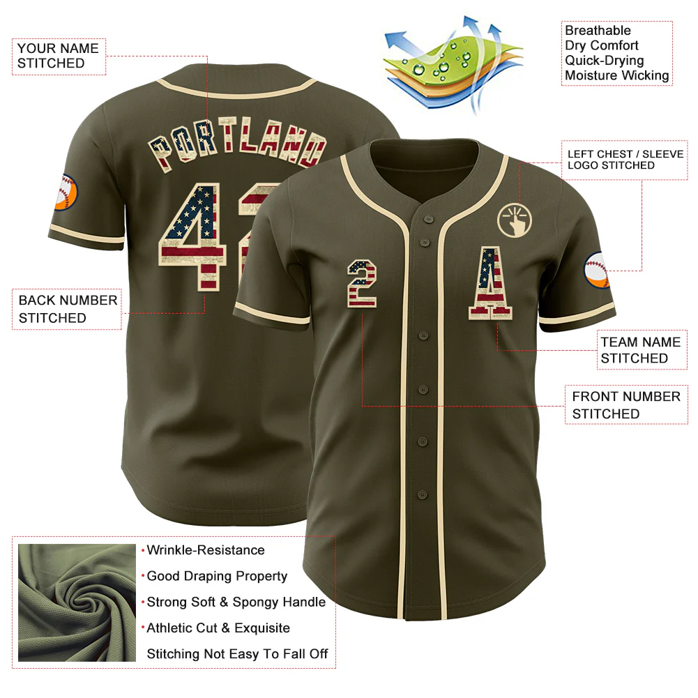 Custom Olive Vintage USA Flag-Cream Authentic Salute To Service Baseball Jersey