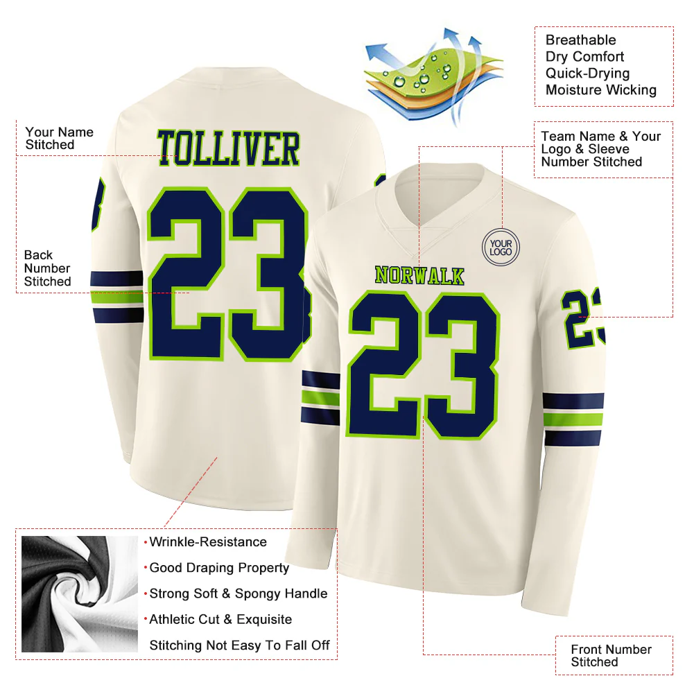 Custom Cream Navy-Neon Green Long Sleeve Authentic Football Jersey