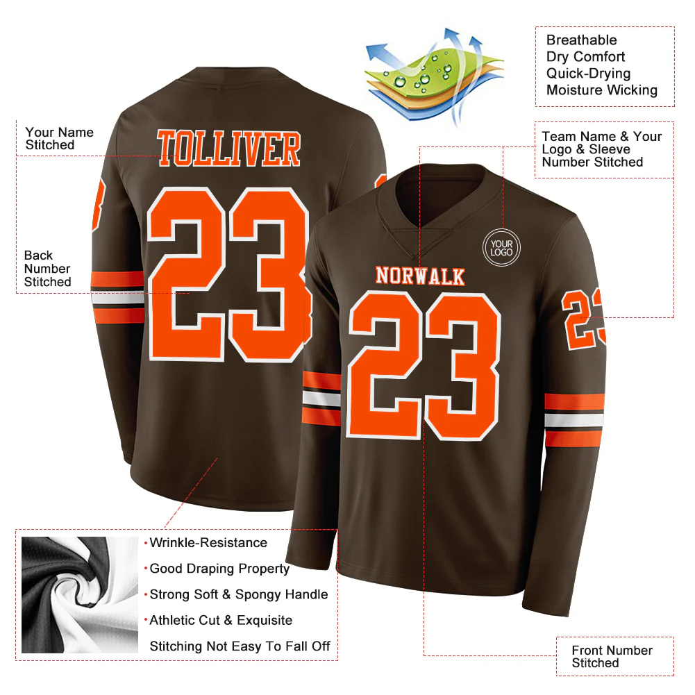 Custom Brown Orange-White Long Sleeve Authentic Football Jersey