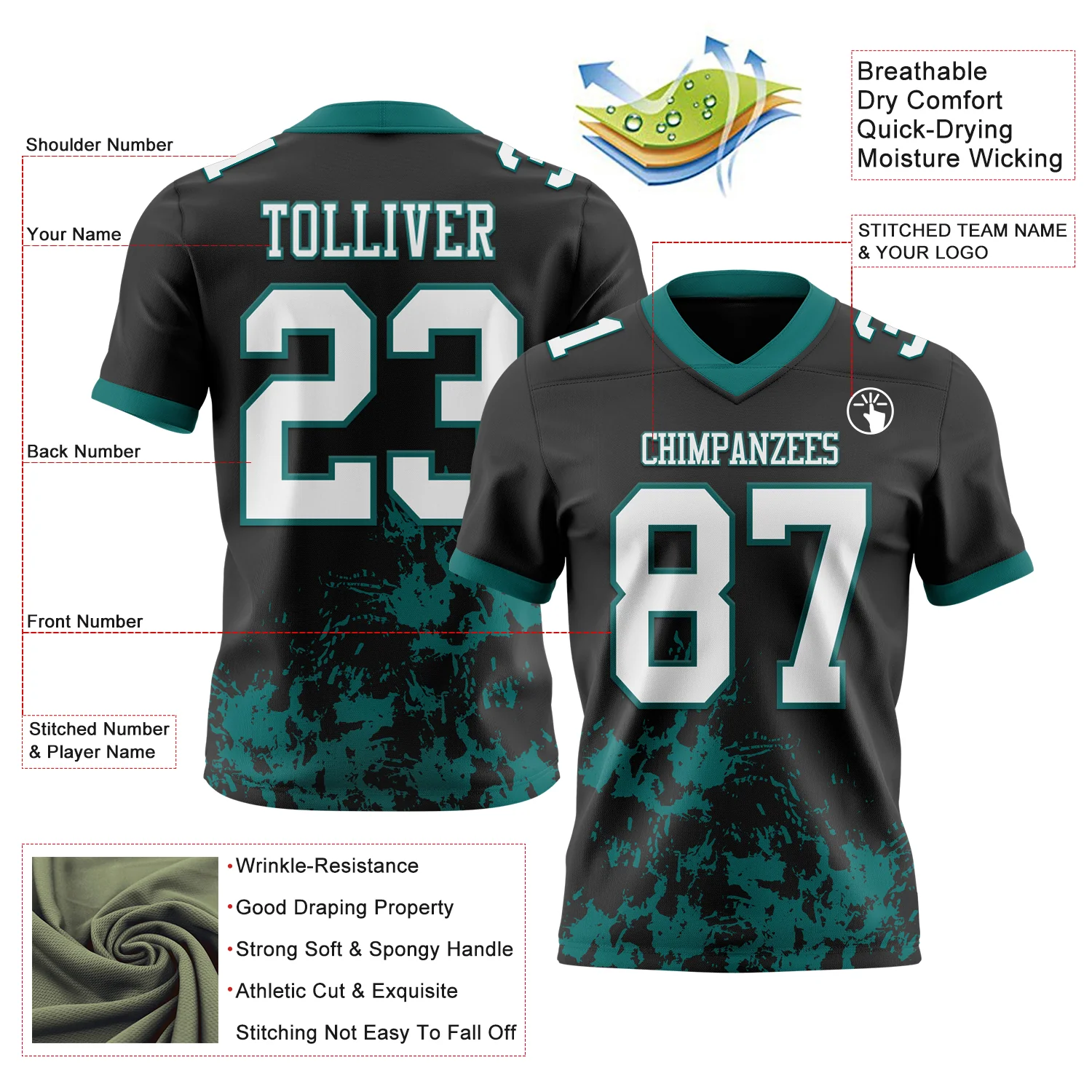 Custom Black White-Teal 3D Pattern Splash Authentic Football Jersey