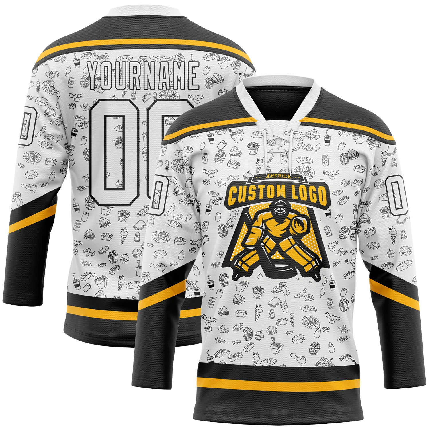 Custom White Black-Gold 3D Pattern Foodie Fast Food Hockey Lace Neck Jersey