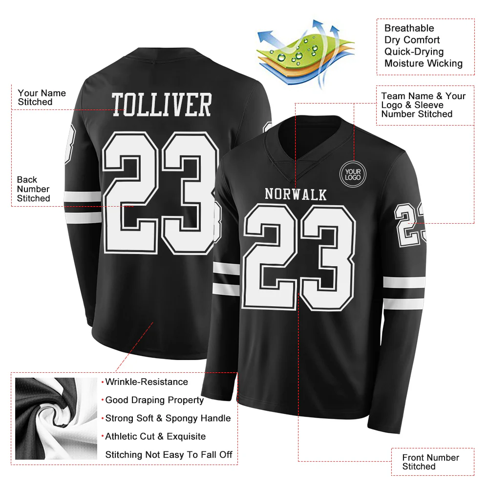 Custom Black White Long Sleeve Authentic Football Jersey