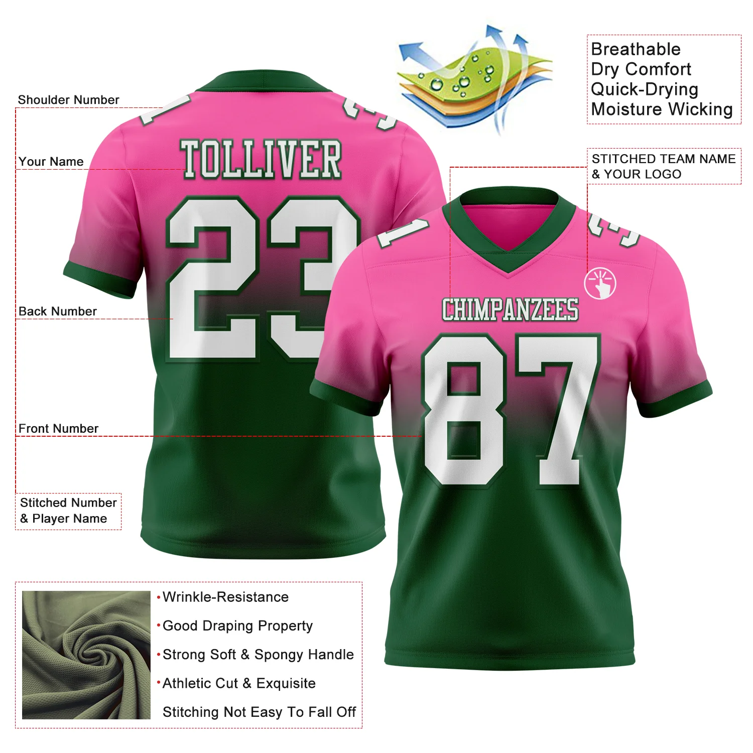 Custom Pink White-Green Authentic Fade Fashion Football Jersey