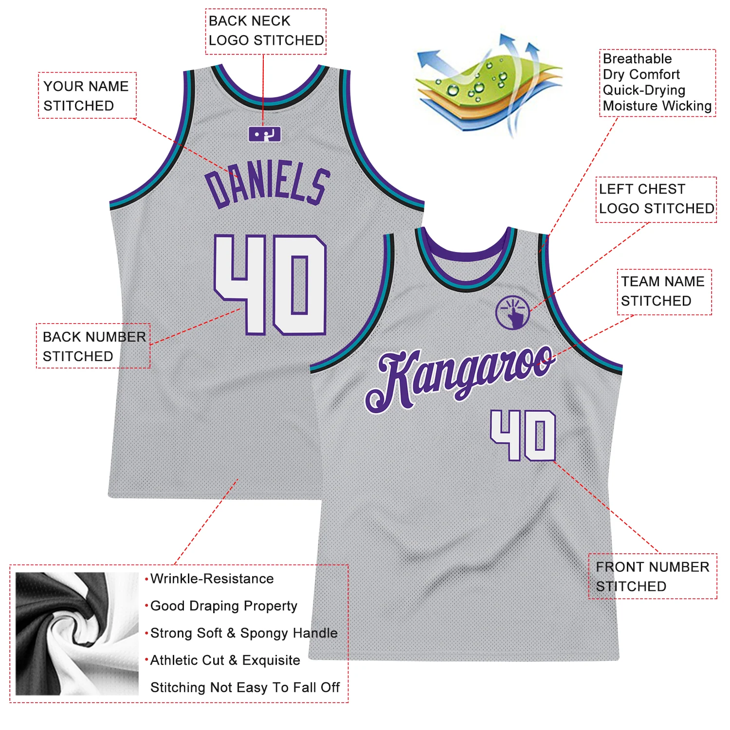 Custom Gray White-Purple Authentic Throwback Basketball Jersey