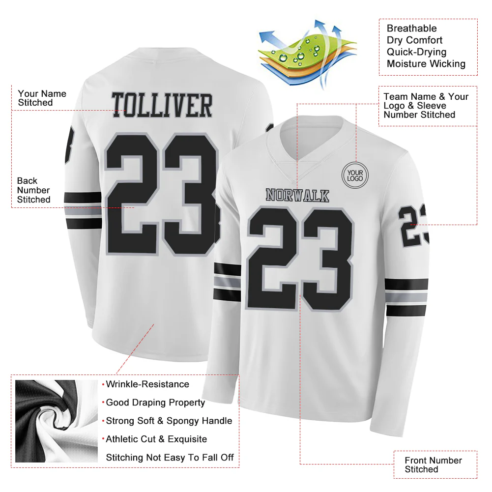 Custom White Black-Gray Long Sleeve Authentic Football Jersey