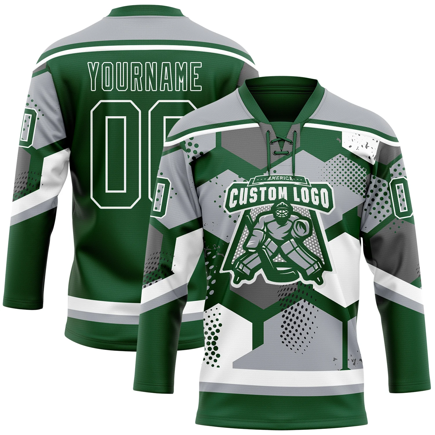 Custom Gray Green-White 3D Pattern Geometric Shape Hockey Lace Neck Jersey