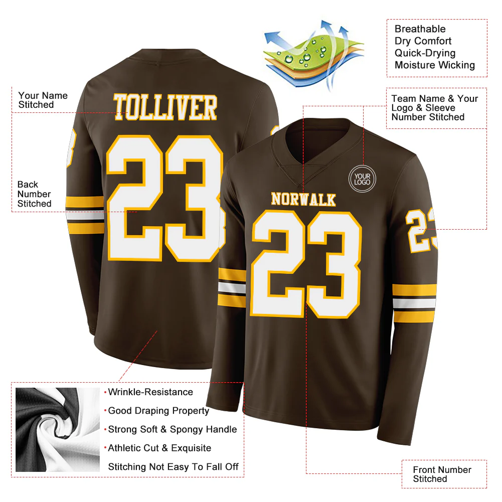 Custom Brown White-Gold Long Sleeve Authentic Football Jersey