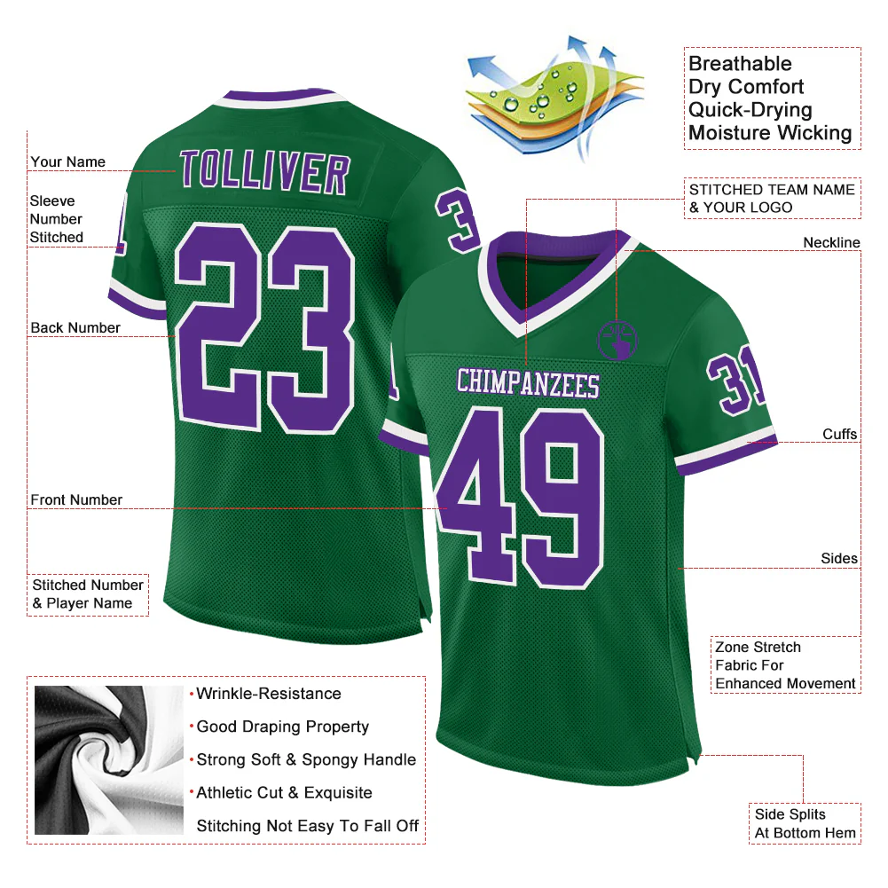 Custom Kelly Green Purple-White Mesh Authentic Throwback Football Jersey