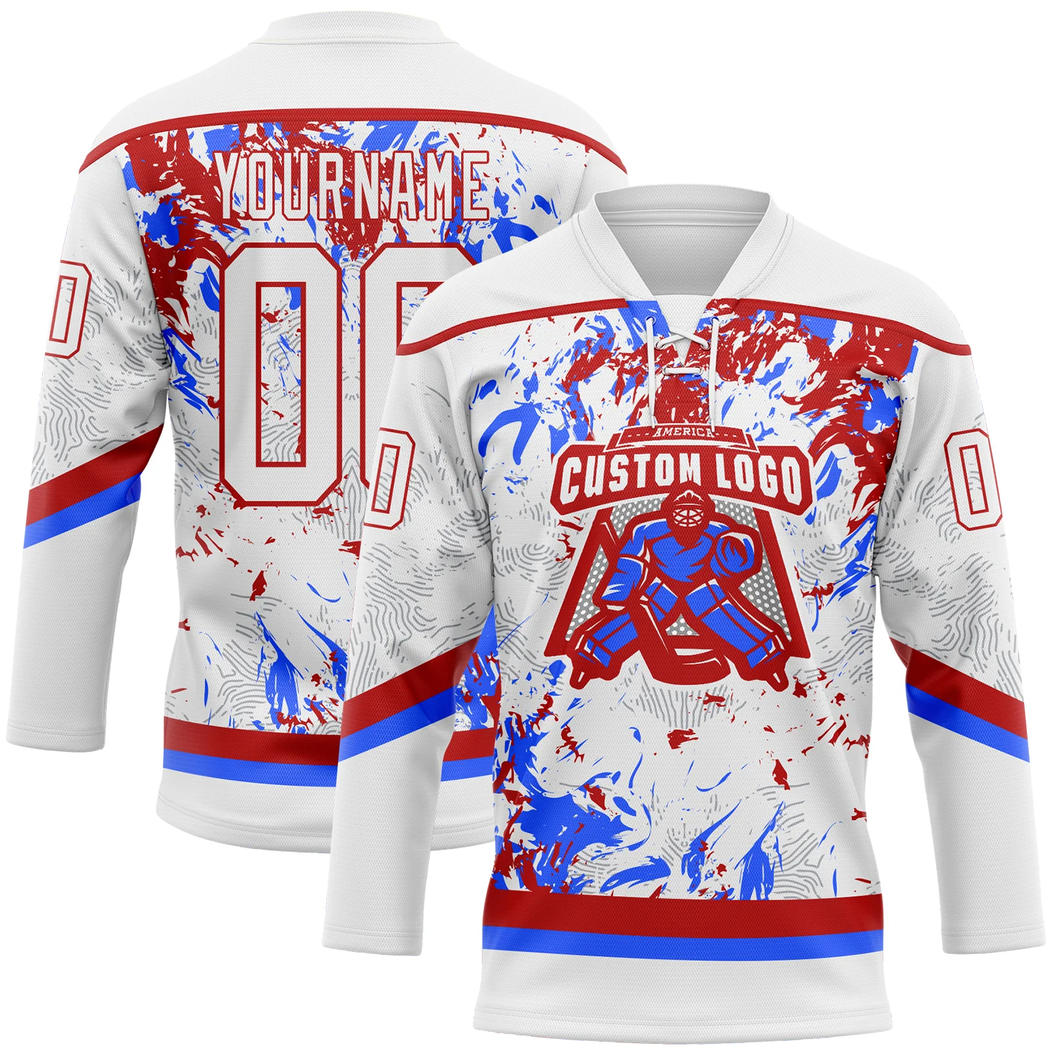 Custom White Red-Royal 3D Fluid Art Splash Hockey Lace Neck Jersey