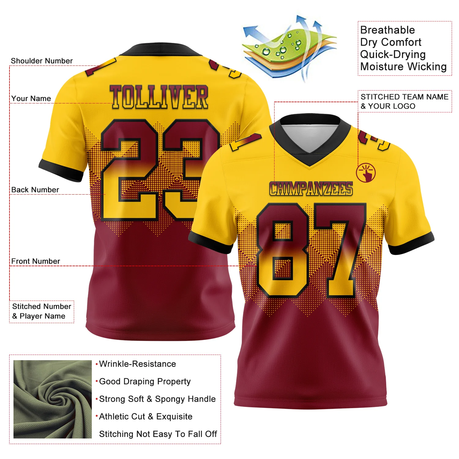 Custom Yellow Crimson-Black Authentic Gradient Square Shape Flag Football Jersey