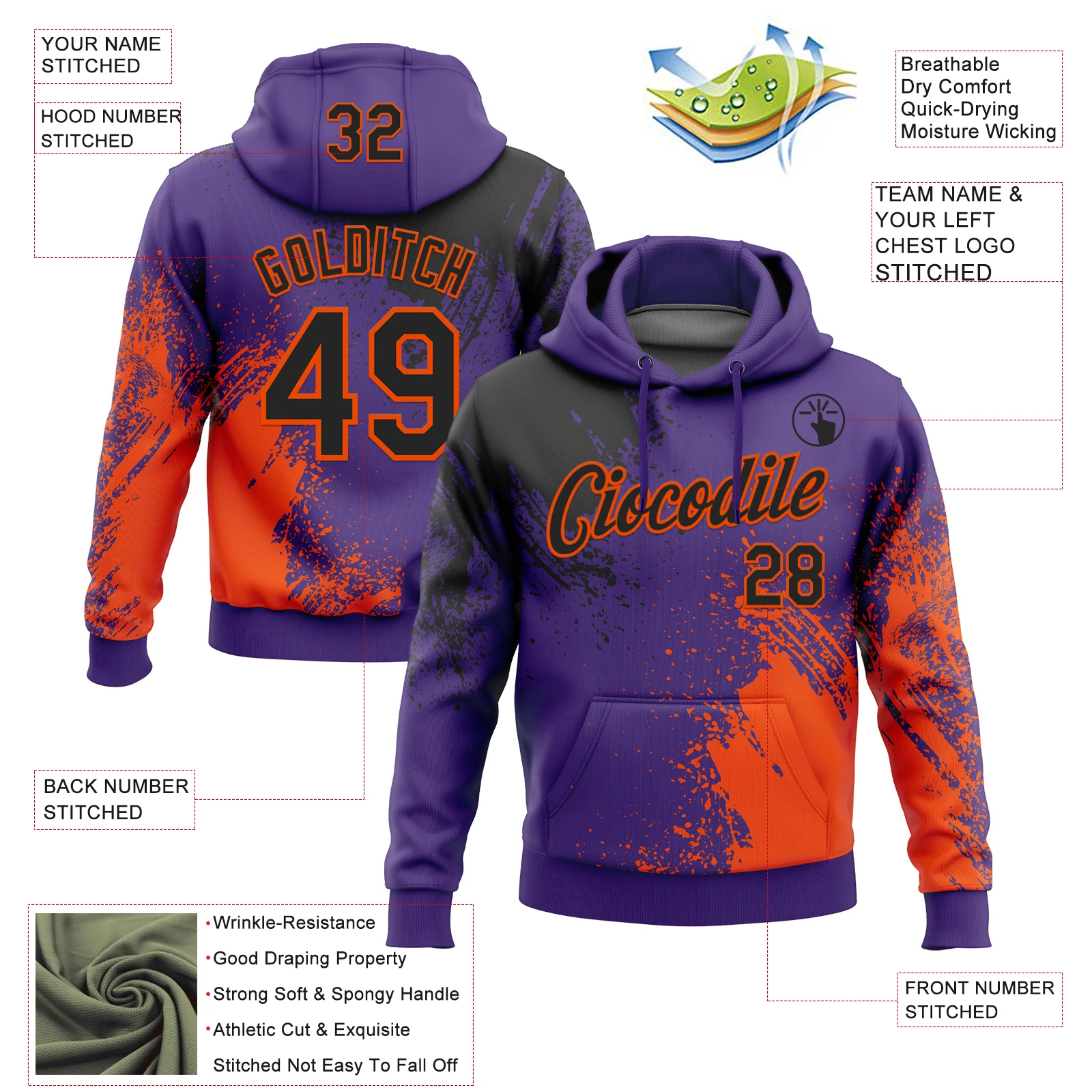 Custom Stitched Purple Black-Orange 3D Pattern Design Abstract Brush Stroke Sports Pullover Sweatshirt Hoodie