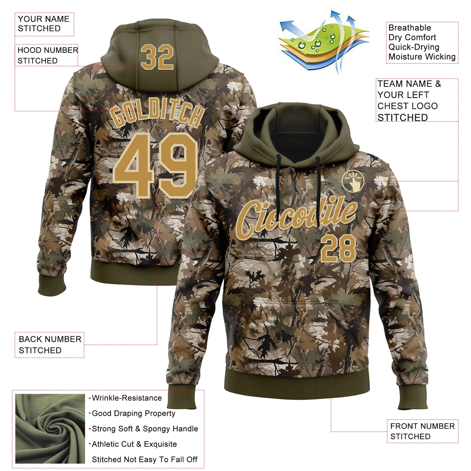 Custom Stitched Olive Old Gold-Cream 3D Pattern Design Tree Camo Hunting Sports Pullover Sweatshirt Salute To Service Hoodie